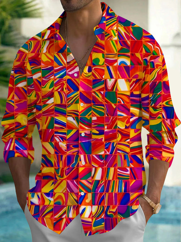 Colorful Abstract Grid Fluid Art Men's Pocket Long Sleeve Shirts