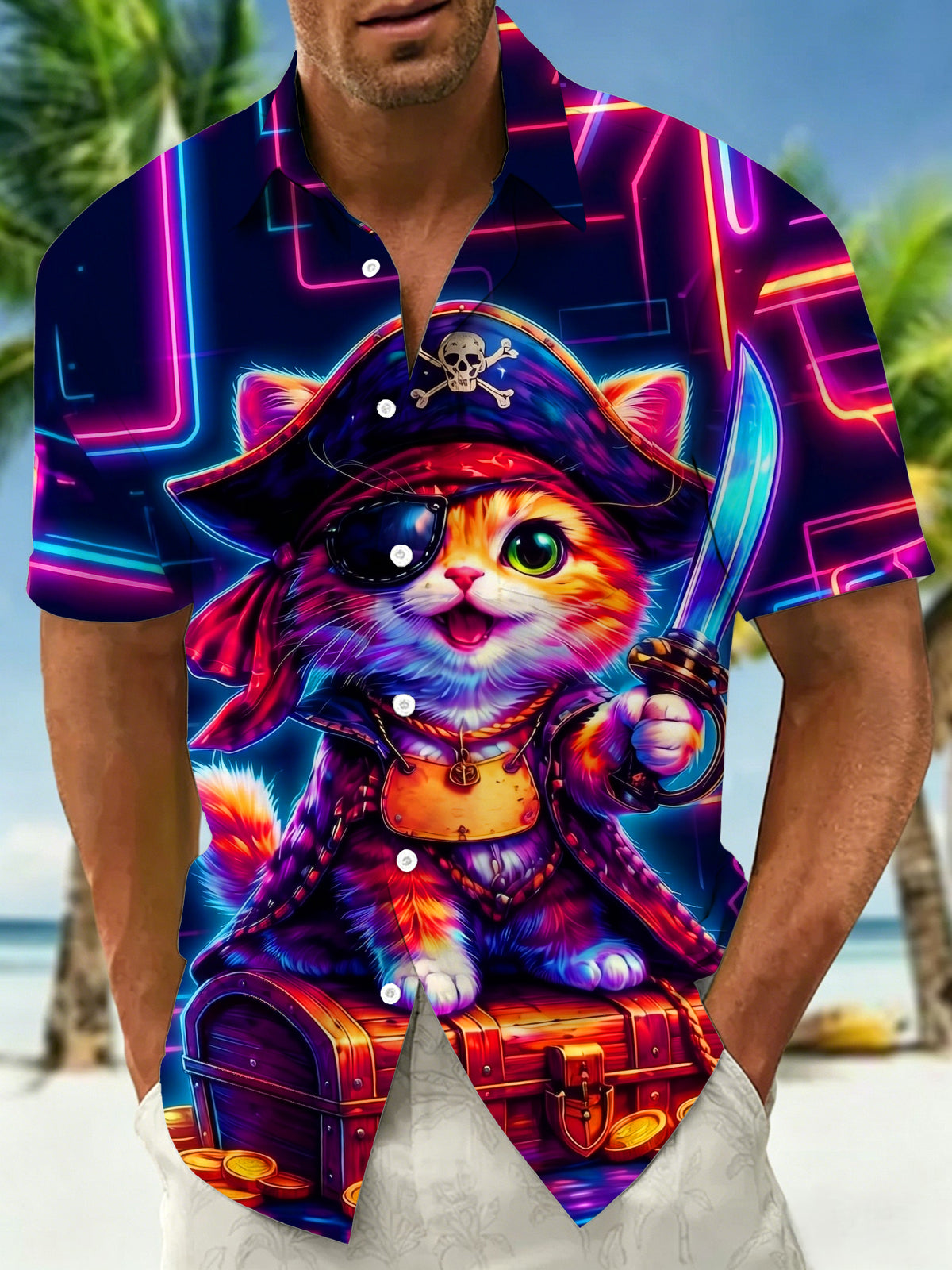 Adaychic Men's Pirate Cat Graphic Short Sleeve Button Down Shirt with Chest Pocket