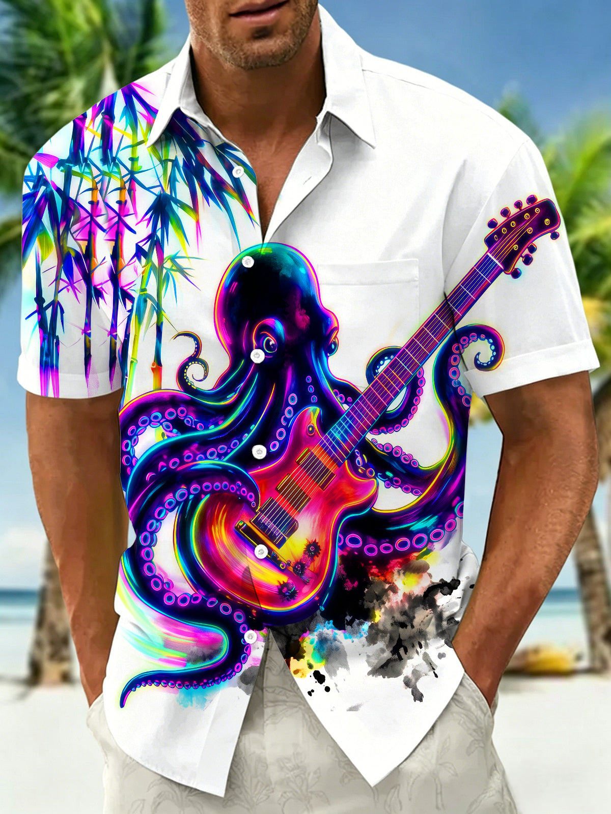 Adaychic Men's Octopus Guitar Graphic Short Sleeve Button Down Shirt with Chest Pocket