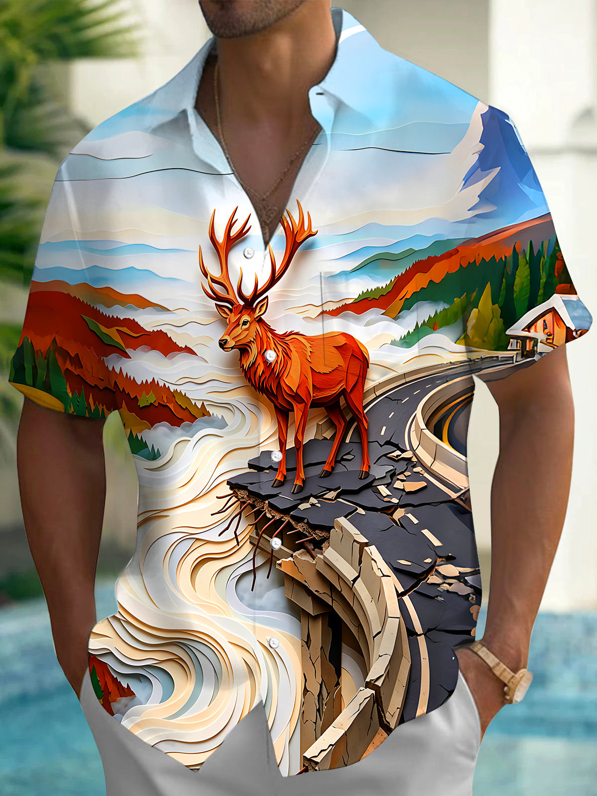Adaychic Men's Abstract Deer Landscape Print Short Sleeve Button Down Shirt with Chest Pocket