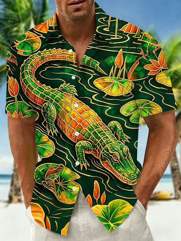 Art Jungle Crocodile And Water Lilies Men's Pocket Short Sleeve Shirts