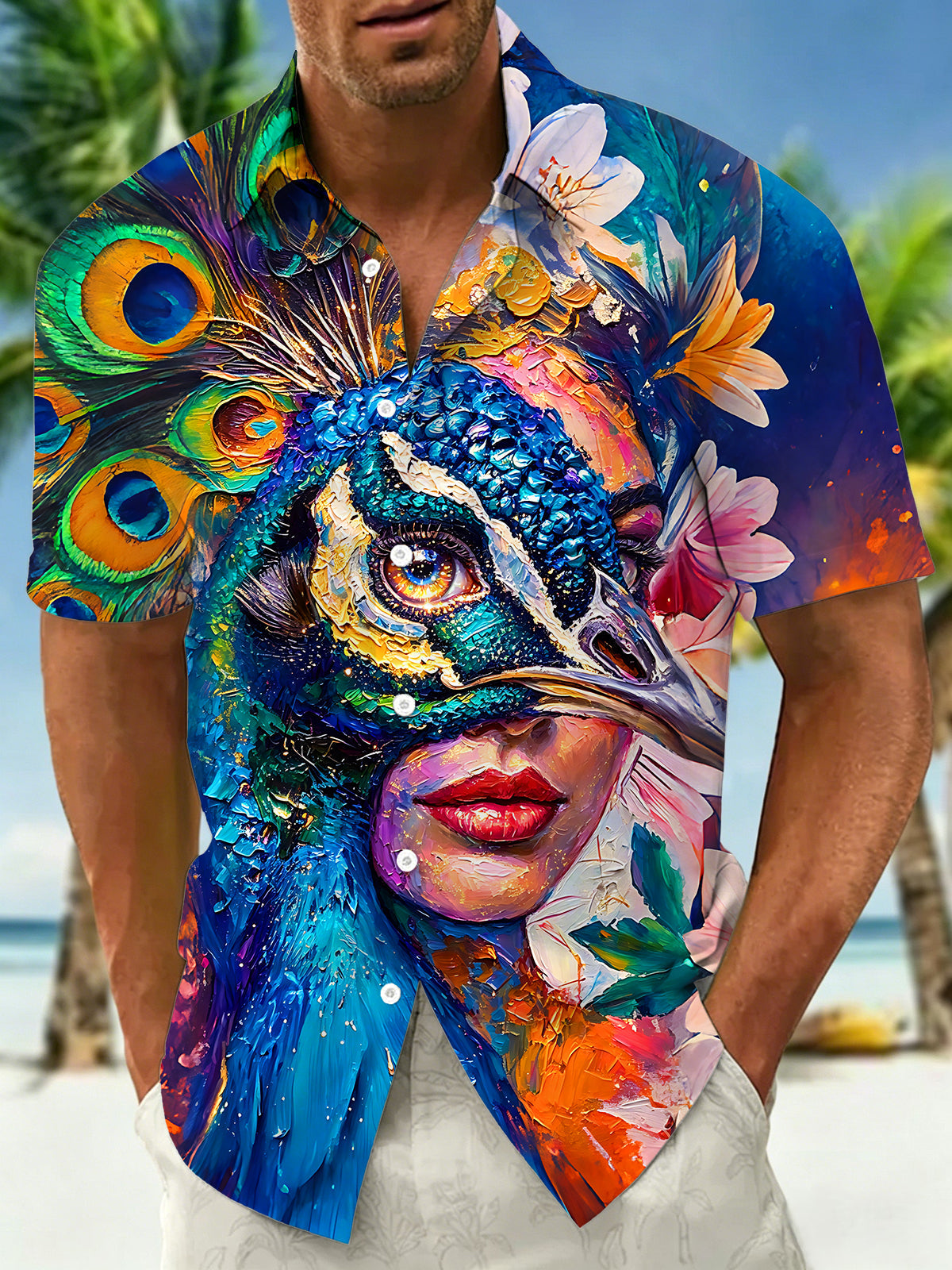 Adaychic Men's Peacock Floral Print Short Sleeve Button Down Shirt with Chest Pocket