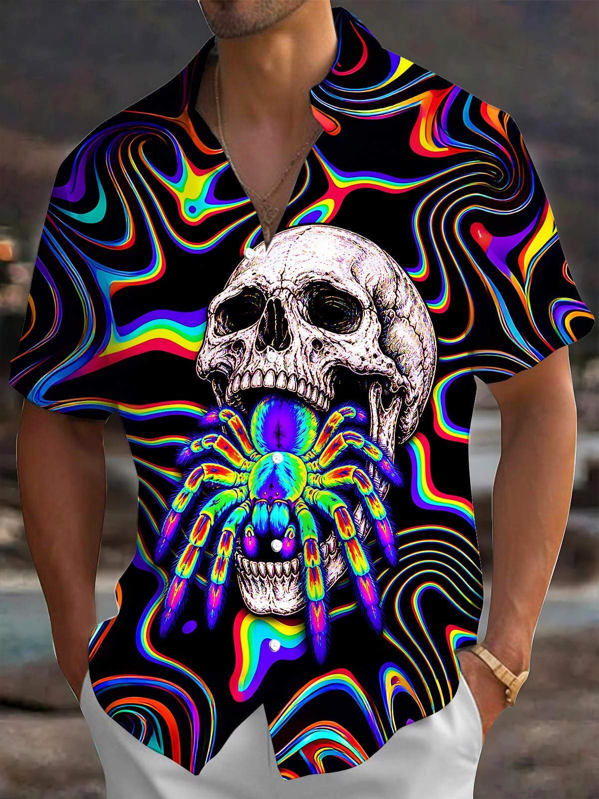 Dark Psychedelic Skull Spider Men's Pocket Short Sleeve Shirts