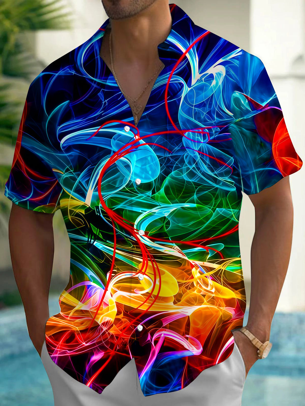 Adaychic Men's Abstract Swirls Print Short Sleeve Button Down Shirt with Chest Pocket