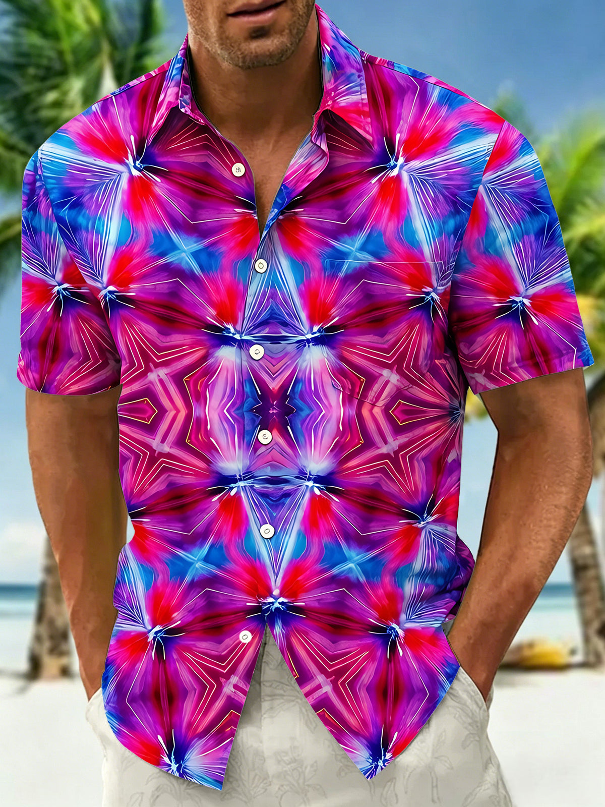 Adaychic Men's Psychedelic Flower Print Short Sleeve Button Down Shirt with Chest Pocket