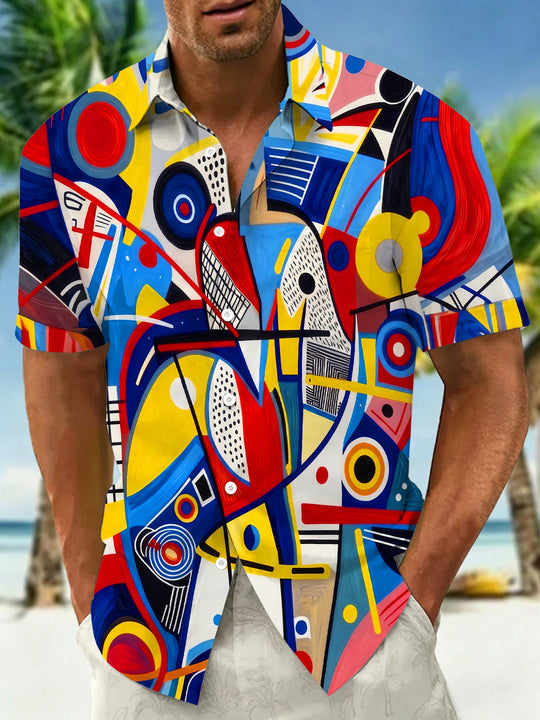 Colorful Color Block Abstract Geometric Art Men's Pocket Short Sleeve Shirts