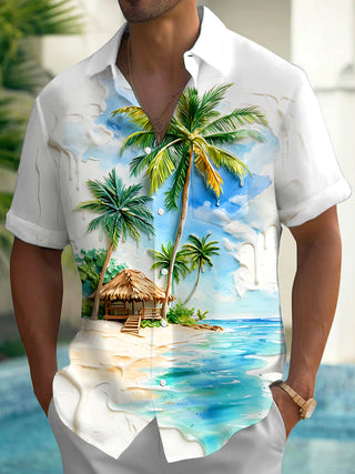 Adaychic Men's Tropical Palm Tree Beach Print Short Sleeve Button Down Shirt with Chest Pocket