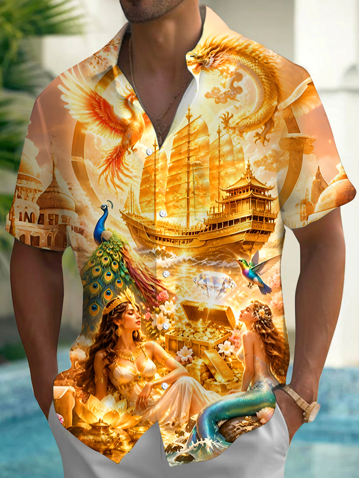 Adaychic Men's Phoenix Dragon Treasure Graphic Short Sleeve Button Down Shirt with Chest Pocket