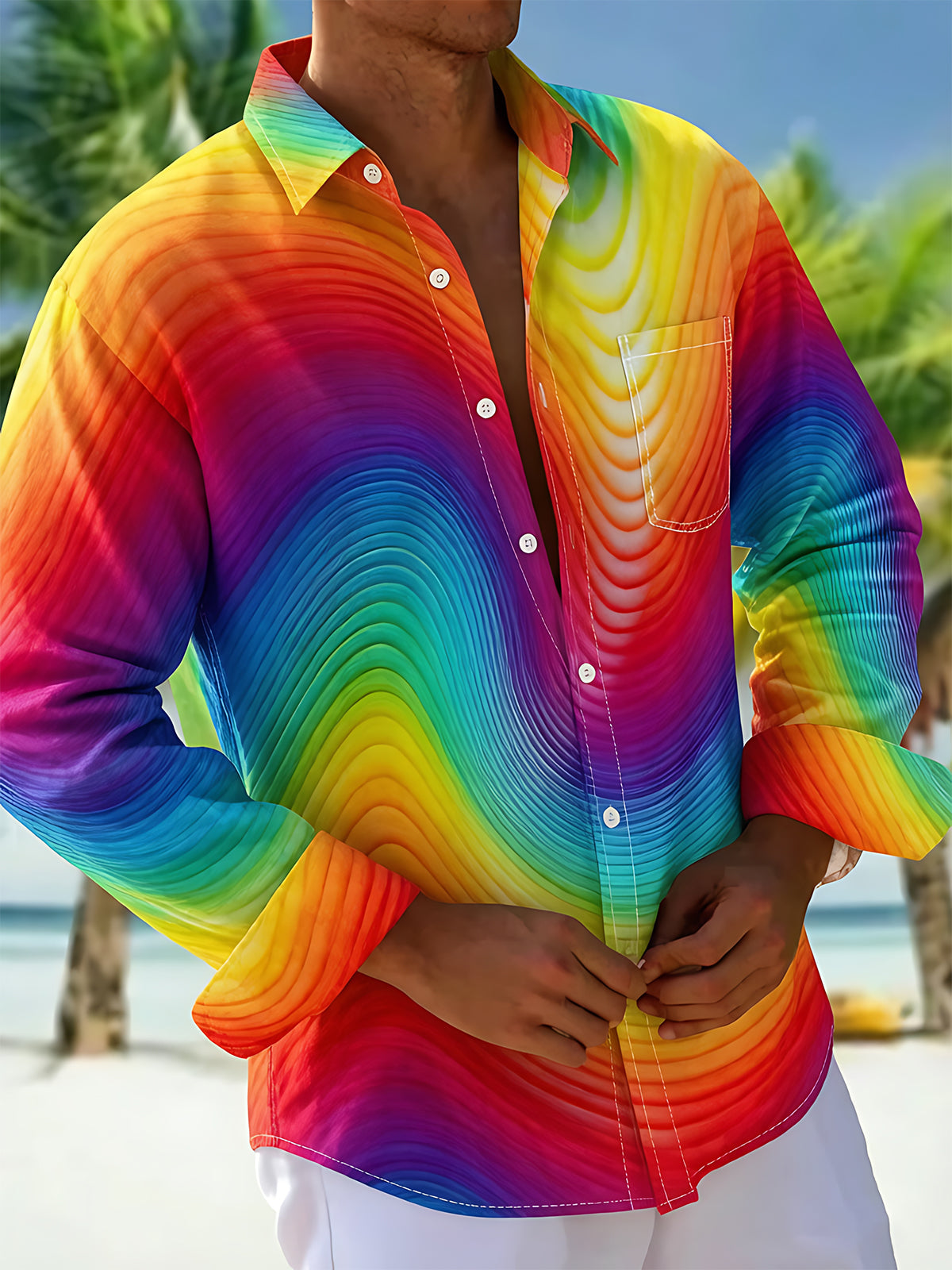 Psychedelic Colorful Wave Gradient Men's Pocket Long Sleeve Shirts