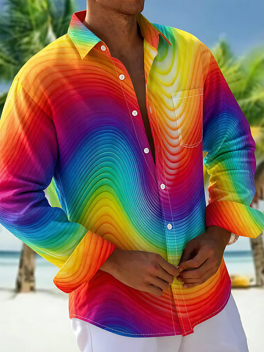 Psychedelic Colorful Wave Gradient Men's Pocket Long Sleeve Shirts