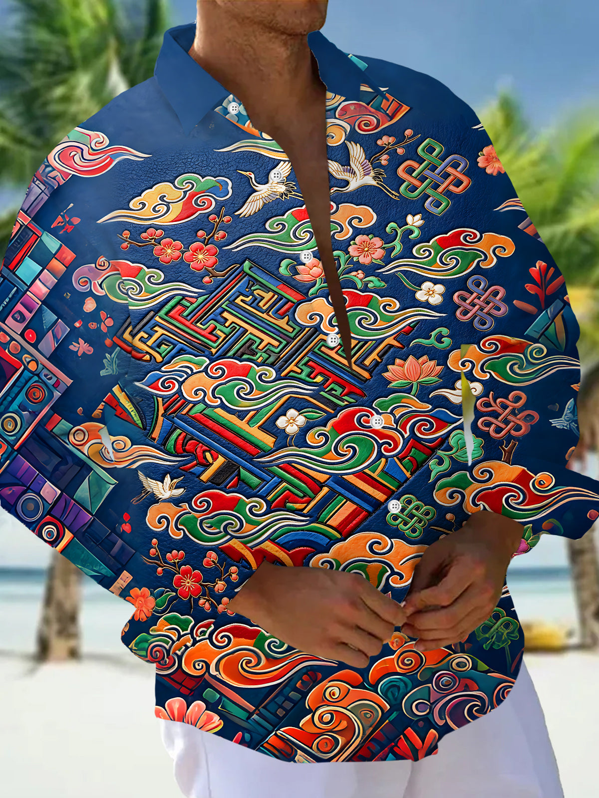 Adaychic Men's Hawaiian Cranes And Clouds Print Long Sleeve Shirt with Chest Pocket