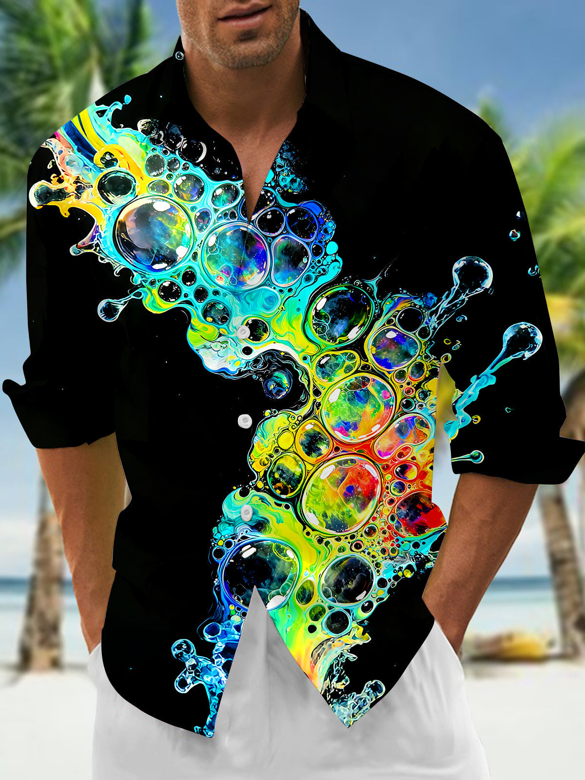 Adaychic Men's Hawaiian Colorful Fluid Bubbles Print Long Sleeve Shirt with Chest Pocket