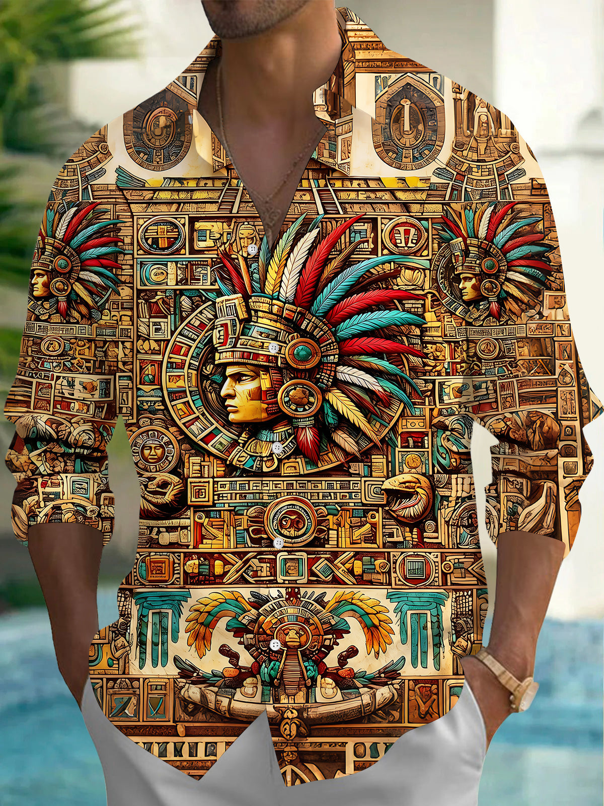 Adaychic Men's Hawaiian Aztec Totem Headdress Print Long Sleeve Shirt with Chest Pocket