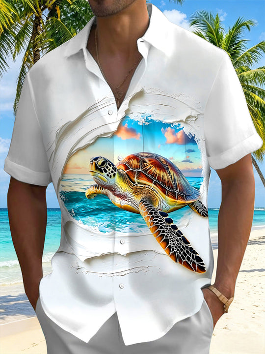 Art Relief Torn Sea Turtle Ocean View Men's Pocket Short Sleeve Shirts