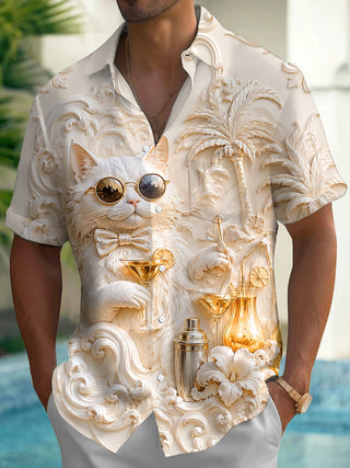 Adaychic Men's Hawaiian Cat With Sunglasses Print Short Sleeve Shirt with Chest Pocket