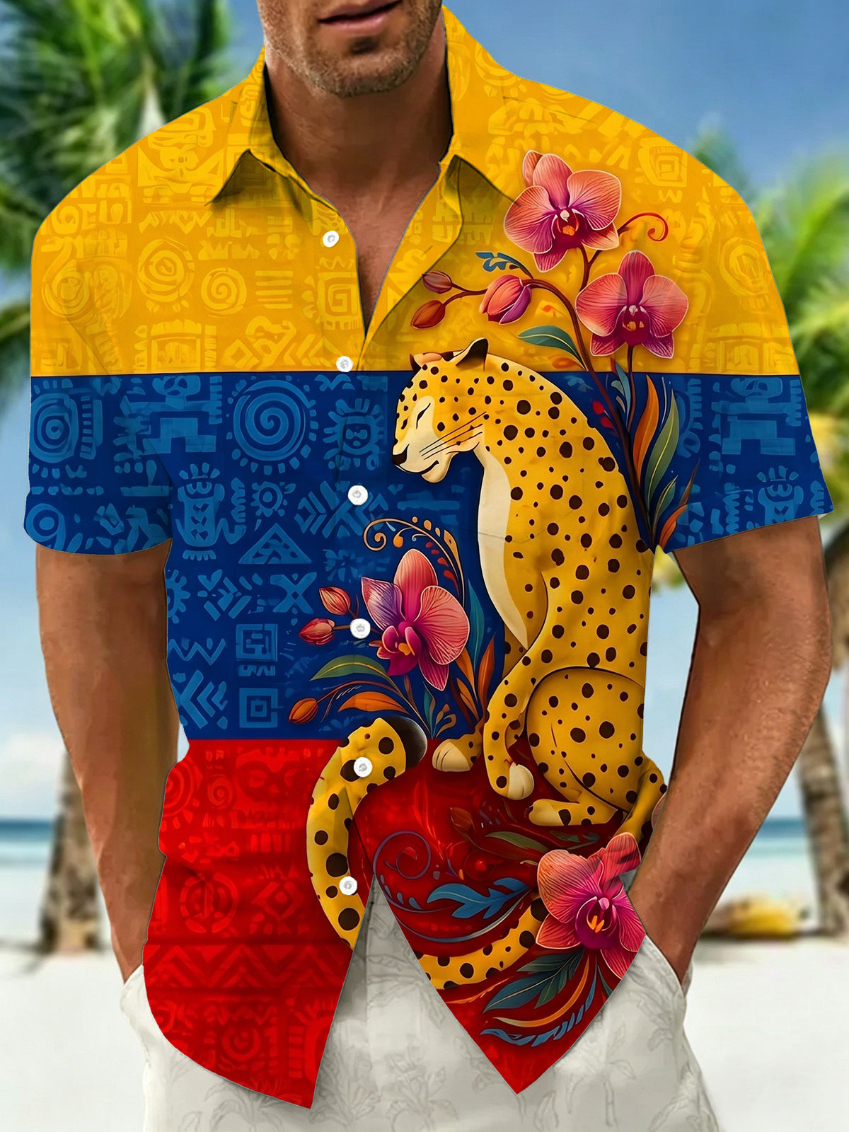 Adaychic Men's Hawaiian Leopard Animal Print Short Sleeve Shirt with Chest Pocket