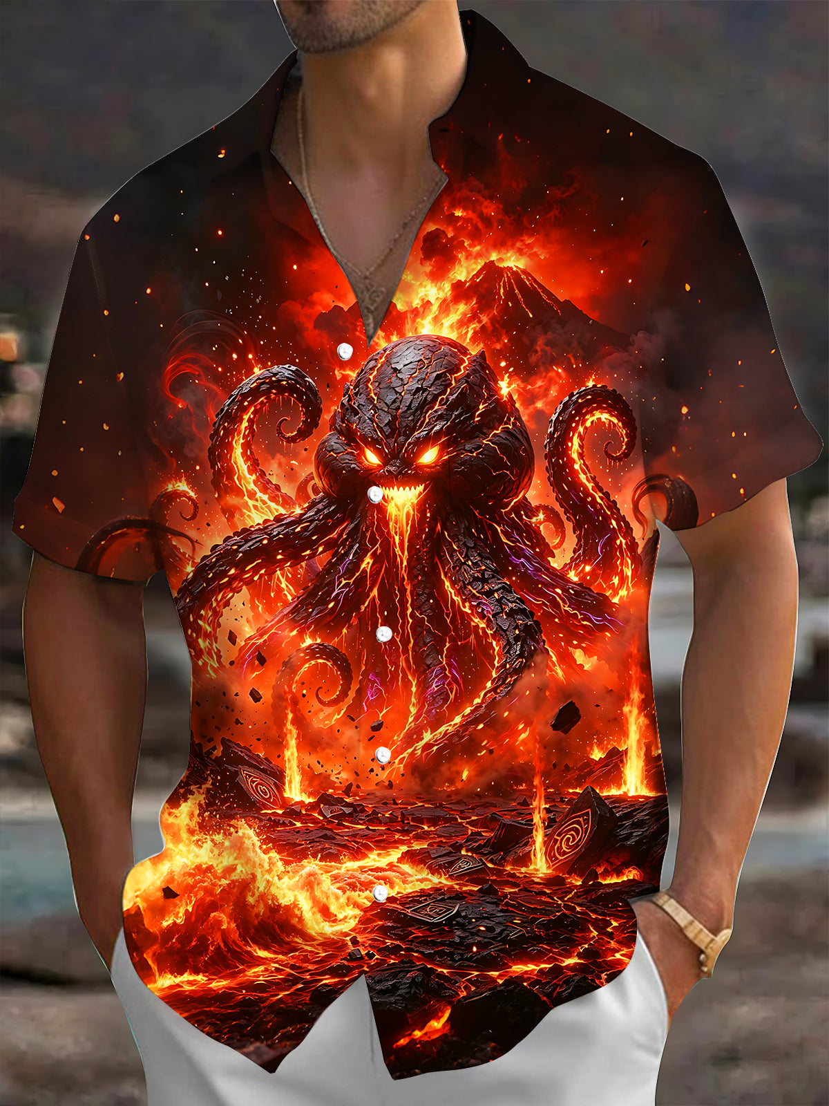Adaychic Men's Graphic Lava Octopus Monster Print Short Sleeve Shirt with Chest Pocket