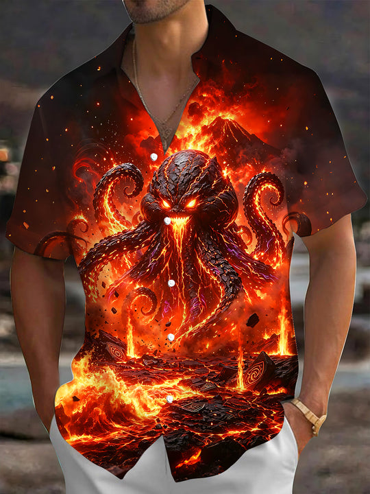 Dark Lava Octopus Men's Pocket Short Sleeve Shirts