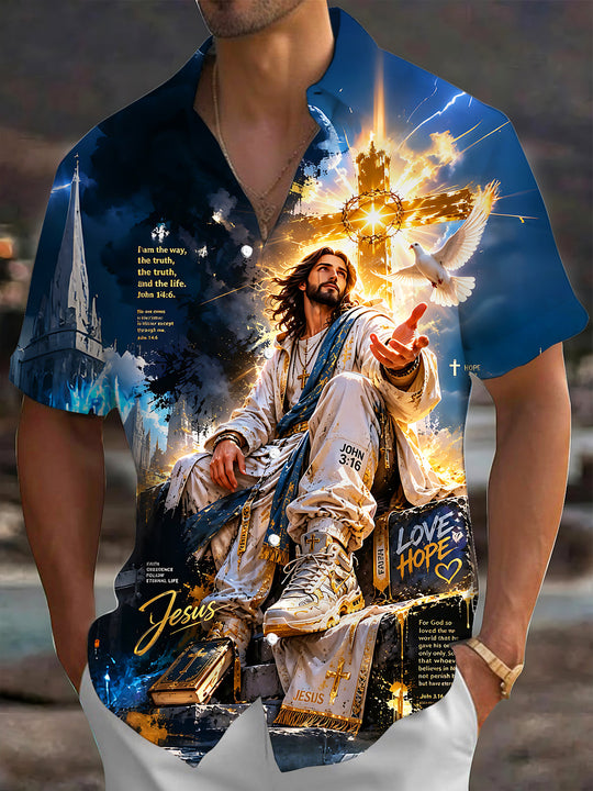 Dark Jesus Cross White Dove Faith Men's Pocket Short Sleeve Shirts