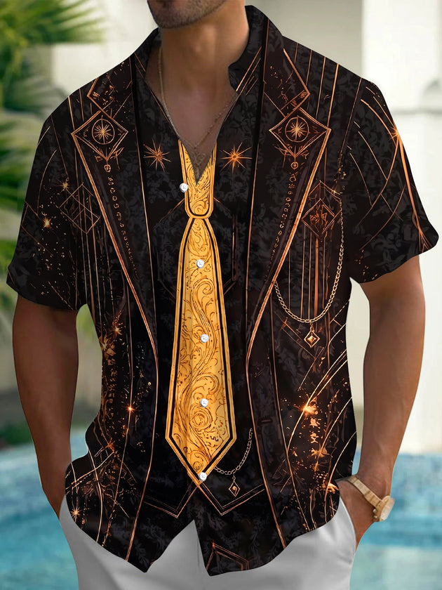 Gentleman Black Gold Faux Suit Tie Pattern Men's Pocket Short Sleeve Shirts