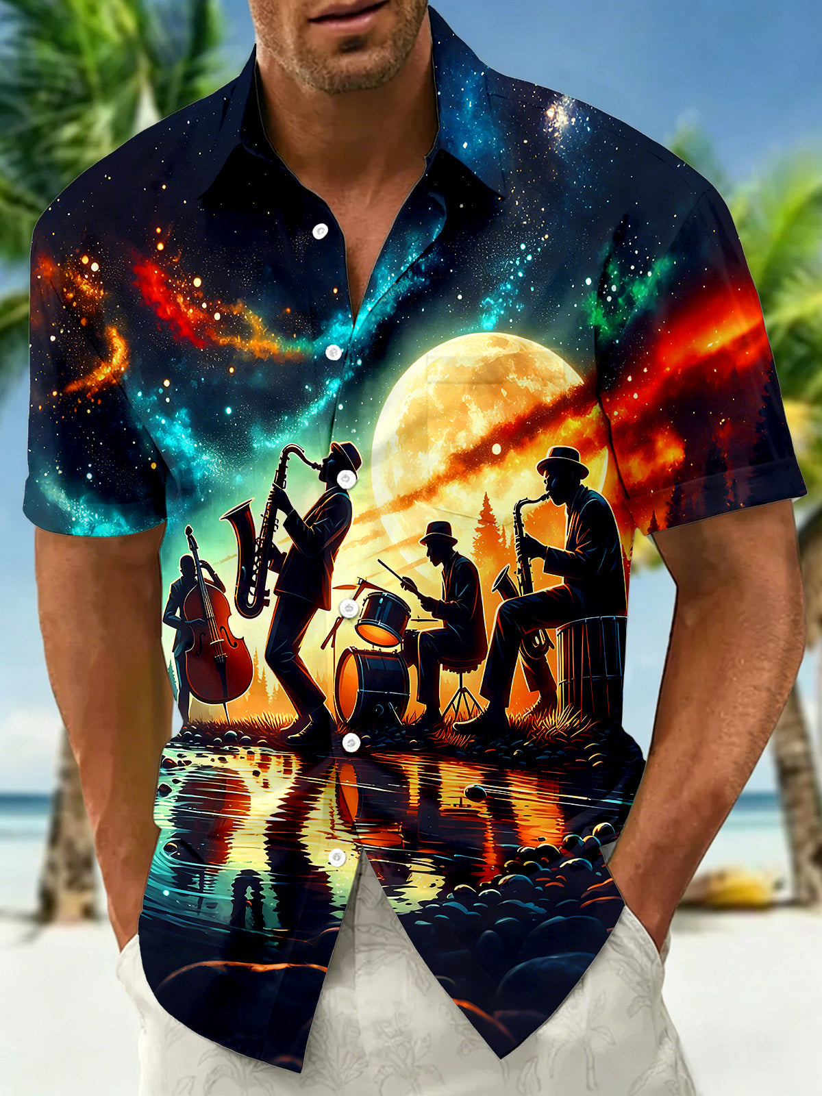 Adaychic Men's Hawaiian Jazz Band Silhouettes Print Short Sleeve Shirt with Chest Pocket
