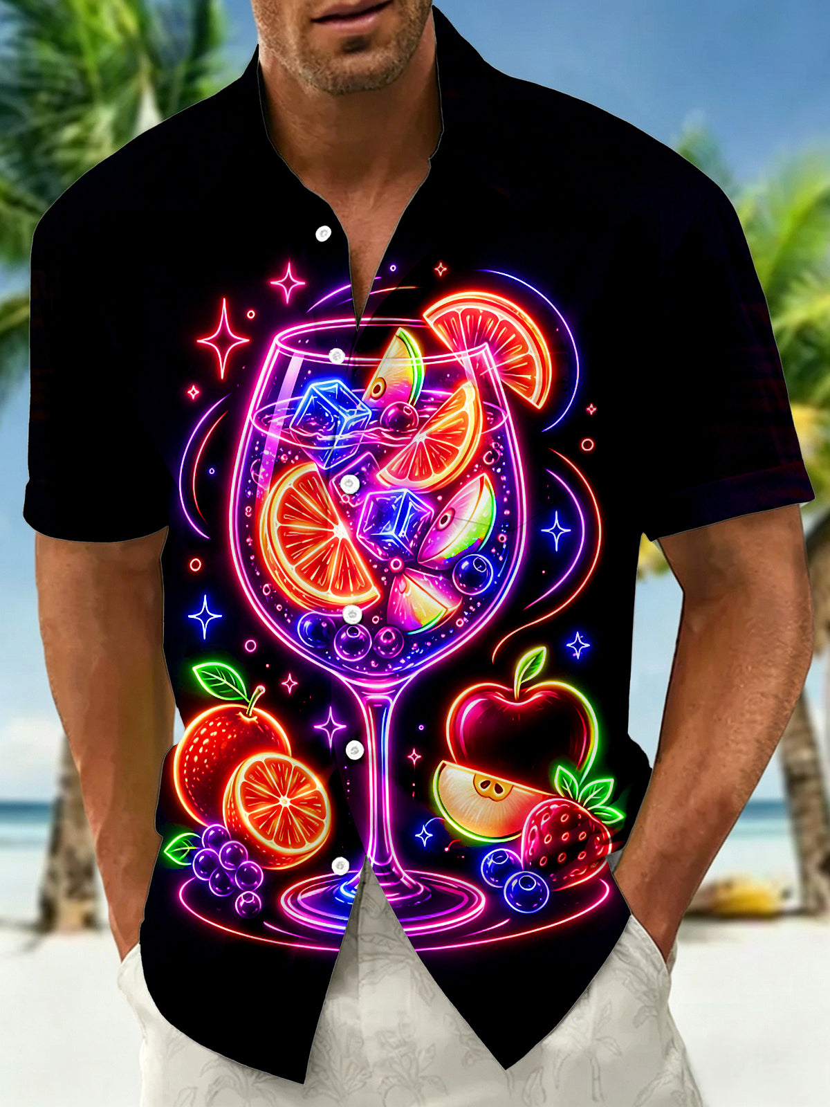 Adaychic Men's Hawaiian Neon Cocktail Glass Print Short Sleeve Shirt with Chest Pocket