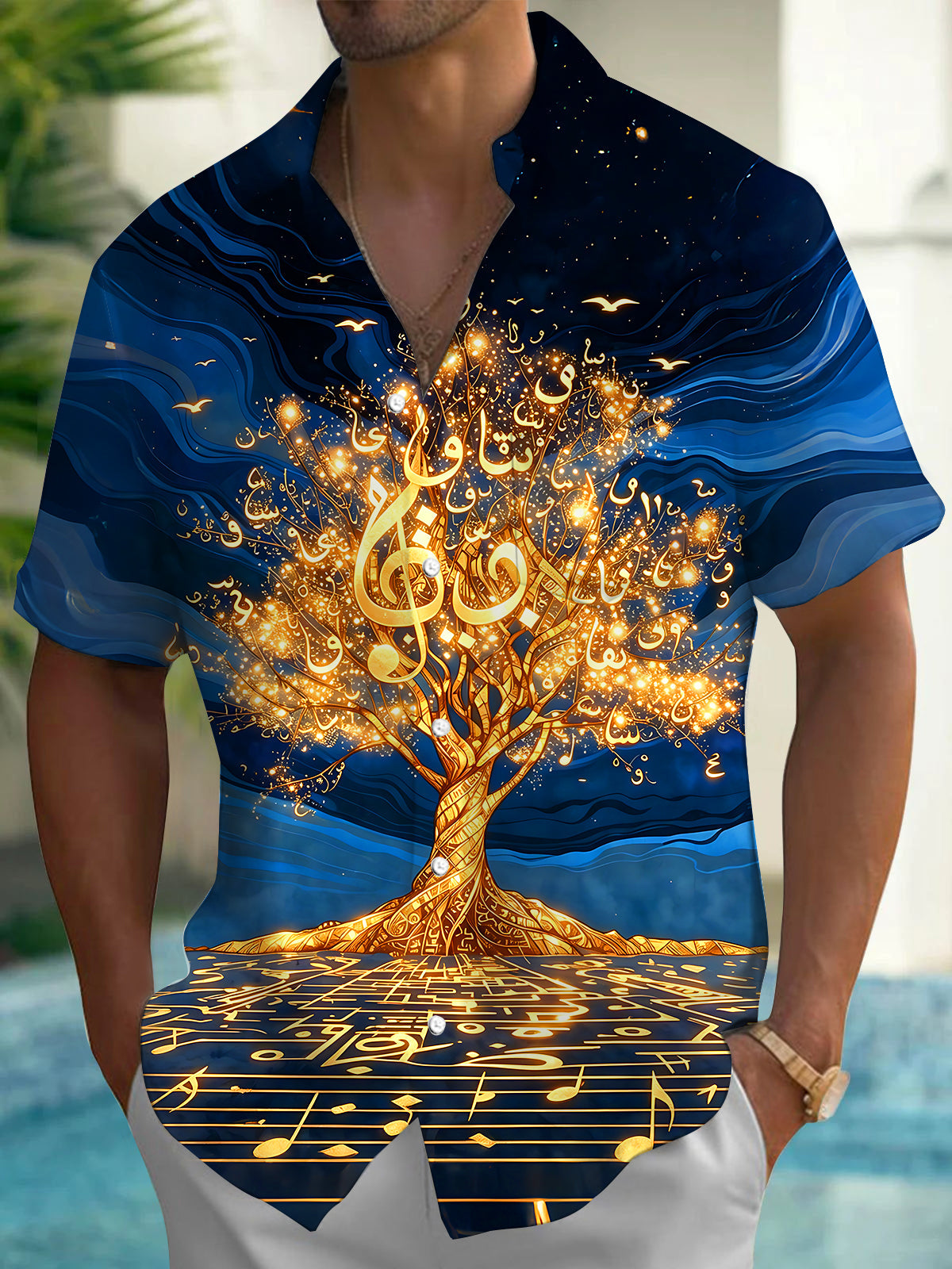 Adaychic Men's Hawaiian Golden Tree Of Life Print Short Sleeve Shirt with Chest Pocket