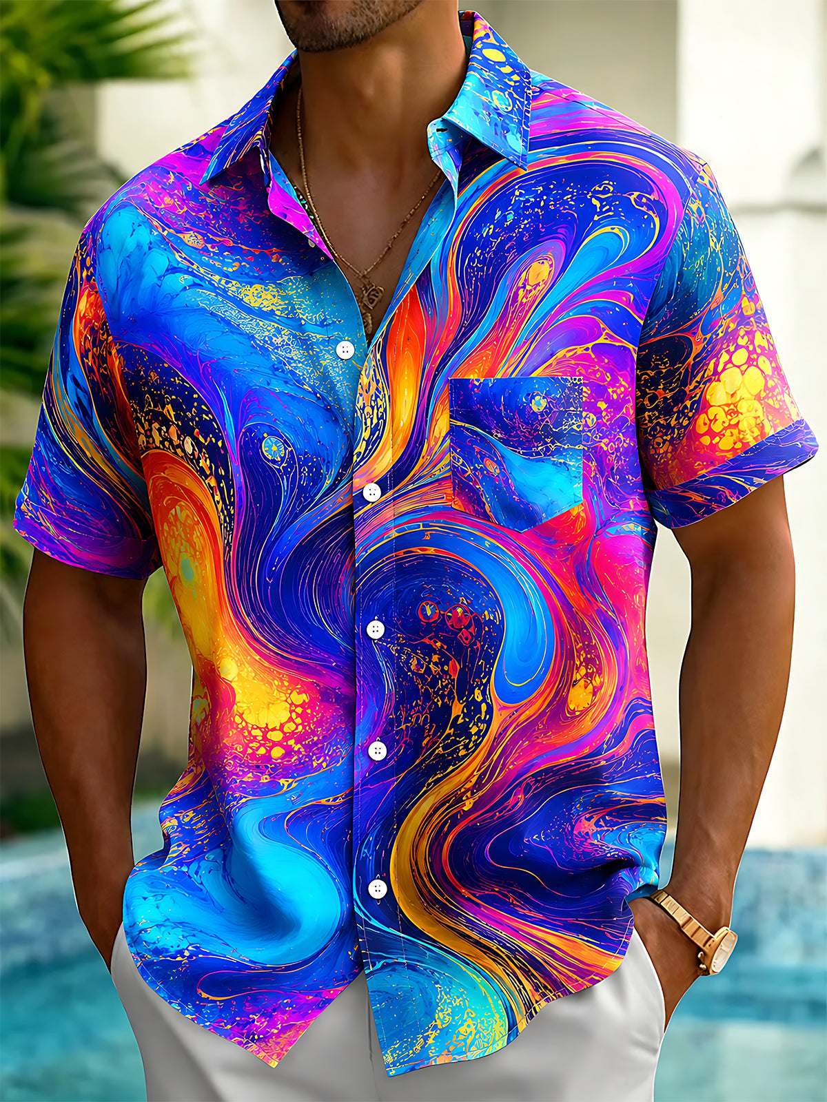Adaychic Men's Hawaiian Swirling Liquid Oil Pattern Short Sleeve Shirt with Chest Pocket