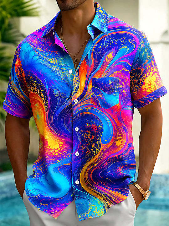 Colorful Abstract Liquid Oil Texture Men's Pocket Short Sleeve Shirts