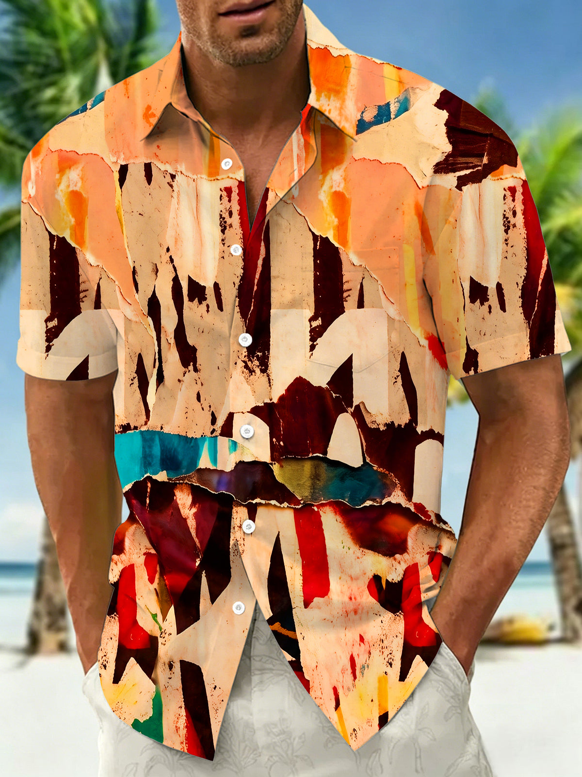 Adaychic Men's Hawaiian Torn Paper Collage Print Short Sleeve Shirt with Chest Pocket