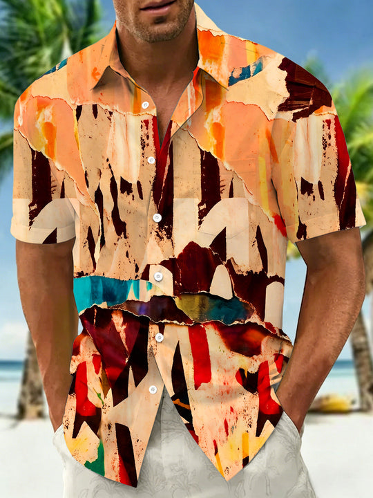Vintage Torn Paper Abstract Graffiti Men's Pocket Short Sleeve Shirts