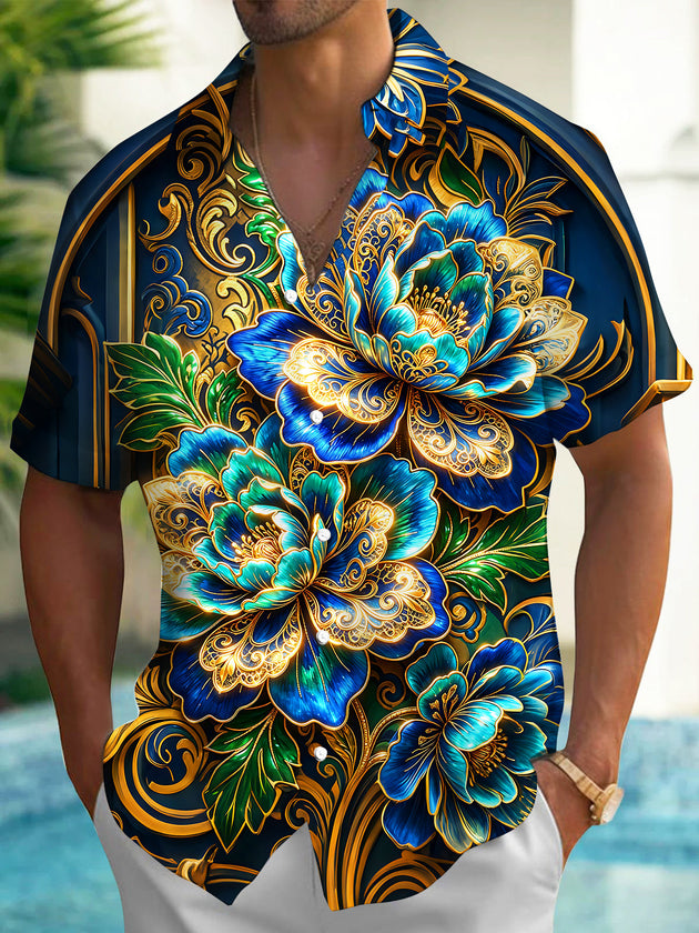 Art Blue Gold Gorgeous Peony Floral Pattern Men's Pocket Short Sleeve Shirts