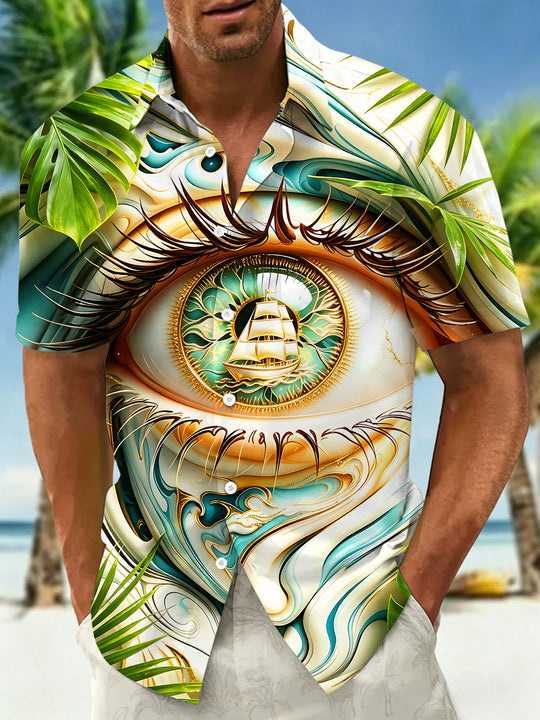 Art All-Seeing Eye Sailing Boat Tropical Plants Men's Pocket Short Sleeve Shirts