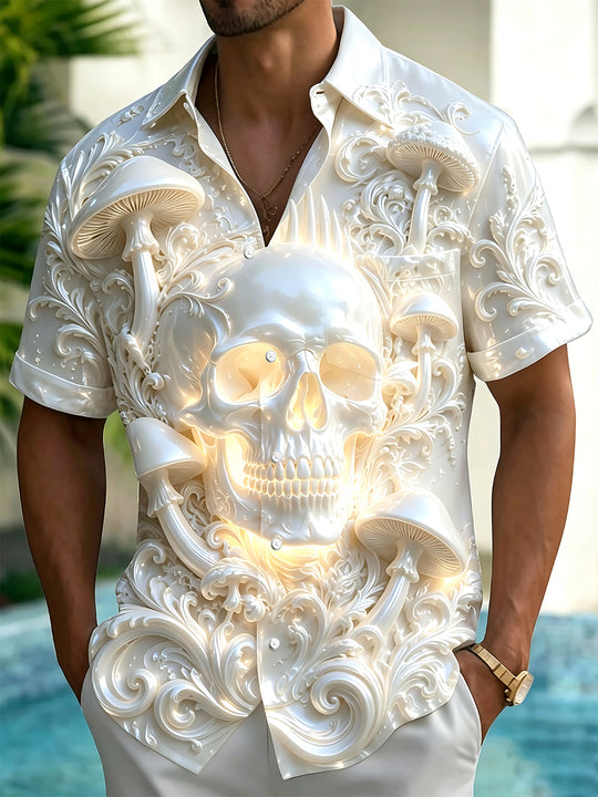 Adaychic Men's Hawaiian Glowing Skull Print Short Sleeve Shirt with Chest Pocket