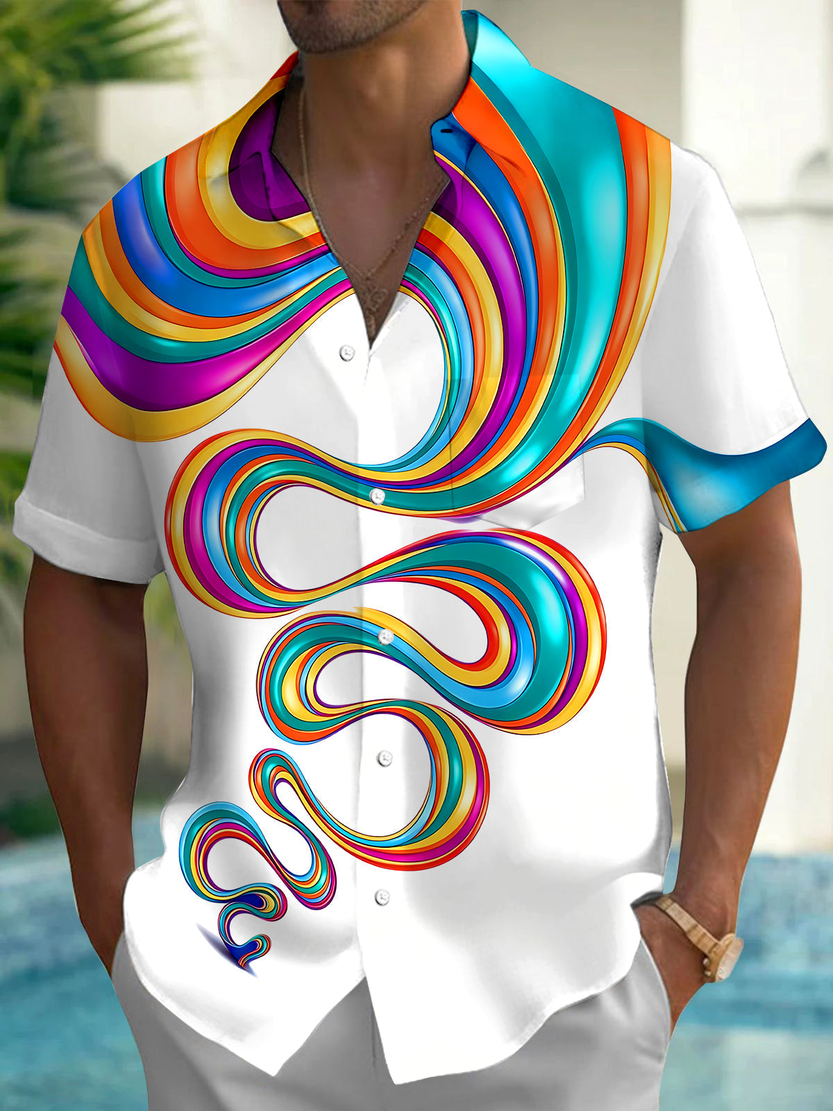 Adaychic Men's Abstract Colorful Swirl Ribbon Print Short Sleeve Shirt with Chest Pocket