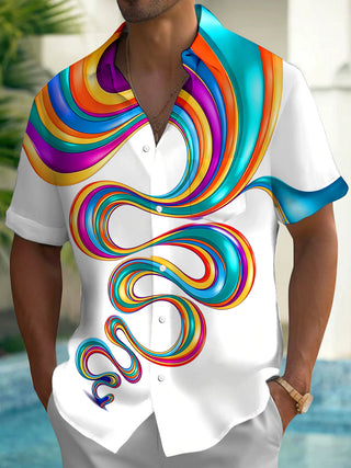 Adaychic Men's Abstract Colorful Swirl Ribbon Print Short Sleeve Shirt with Chest Pocket