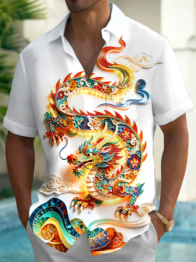 Art Relief Dragon Men's Pocket Short Sleeve Shirts