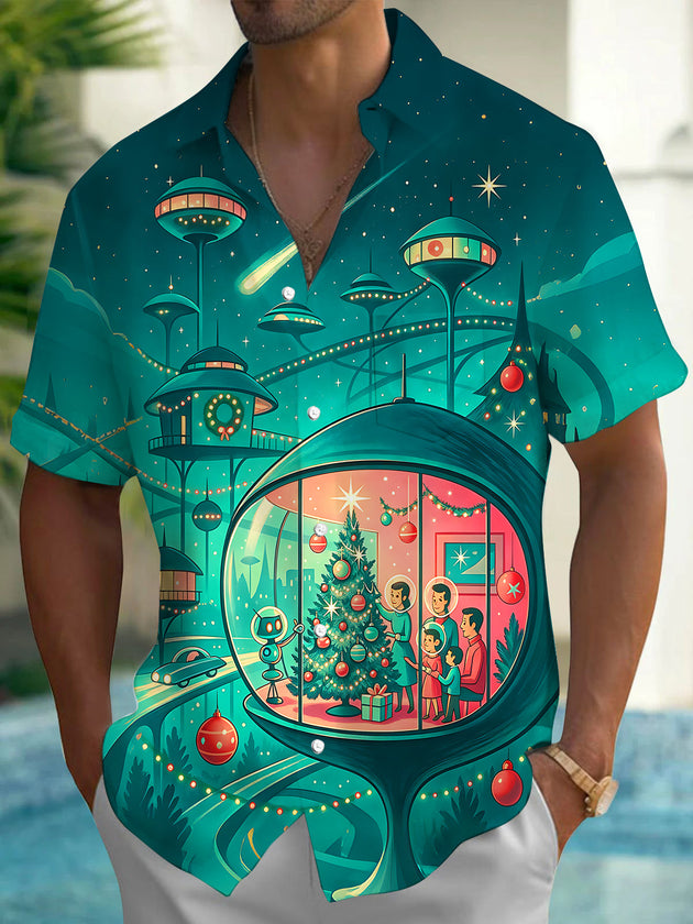Vintage Space Christmas Men's Pocket Short Sleeve Shirts