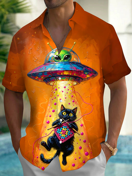 Adaychic Men's Graphic UFO Abduction Print Short Sleeve Shirt with Chest Pocket