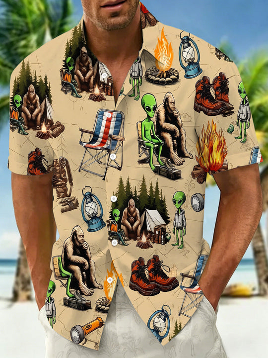 Adaychic Men's Hawaiian Bigfoot Camping Scene Print Short Sleeve Shirt with Chest Pocket