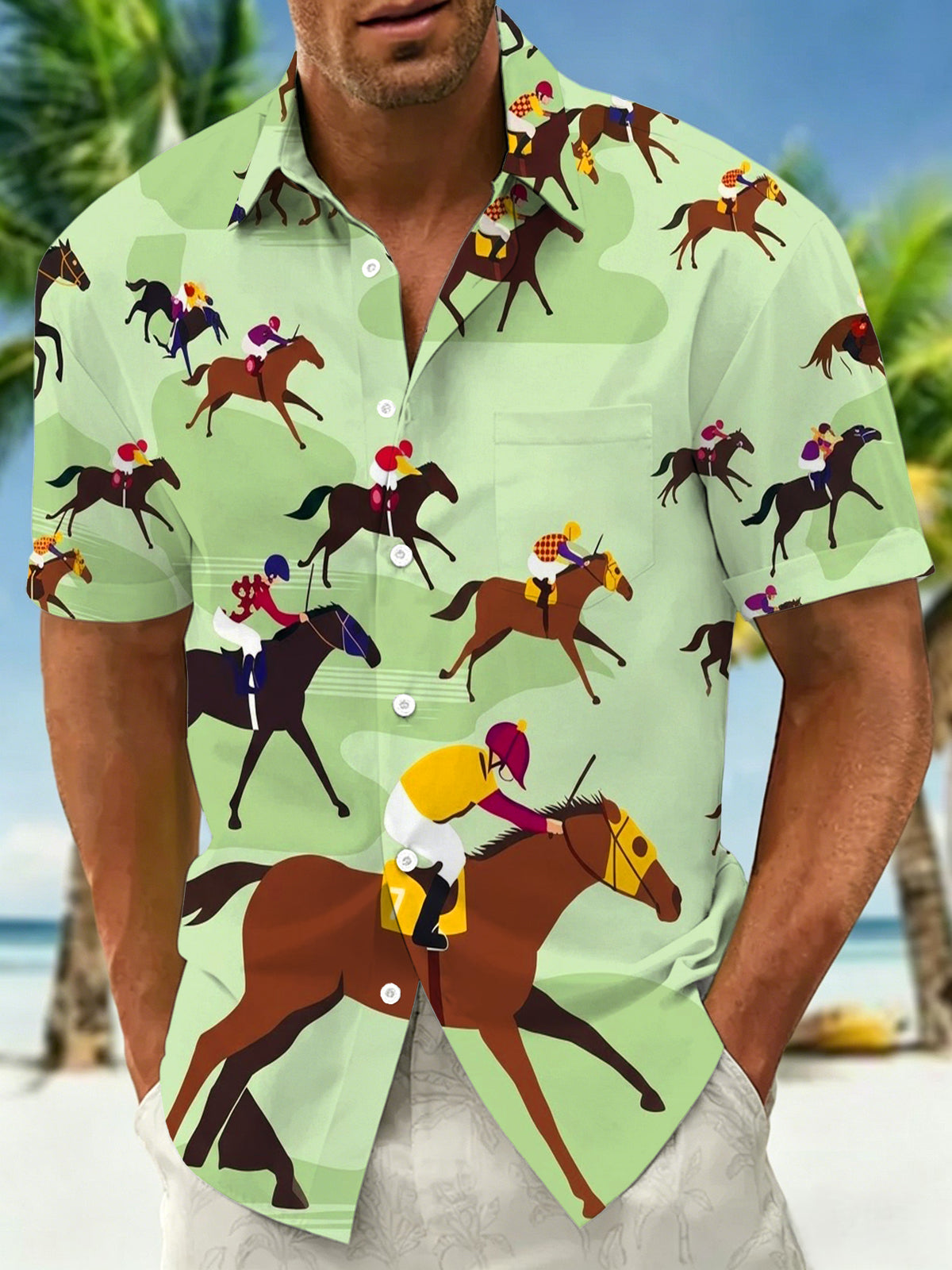 Adaychic Men's Racing Horse And Jockey Print Short Sleeve Shirt with Chest Pocket