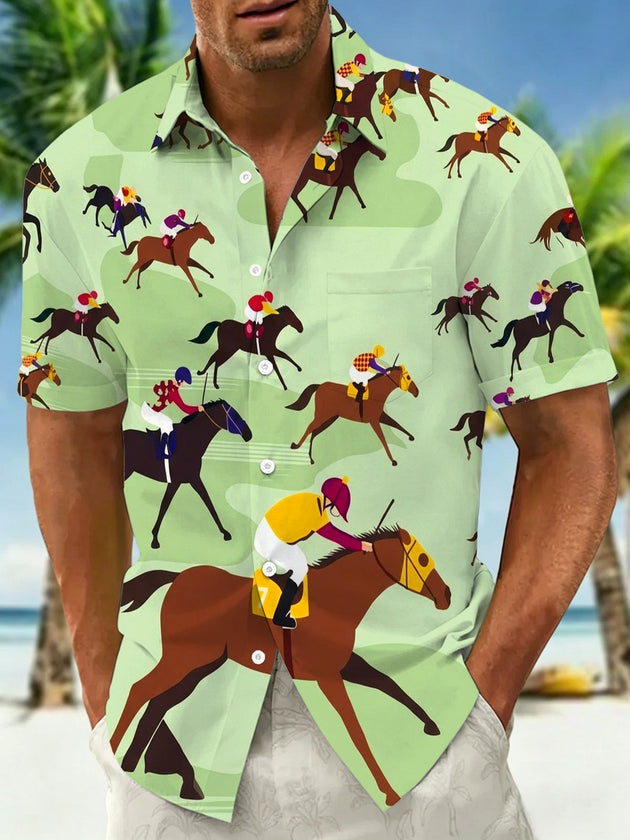 Vintage Horse Racing Jockey Men's Pocket Short Sleeve Shirts