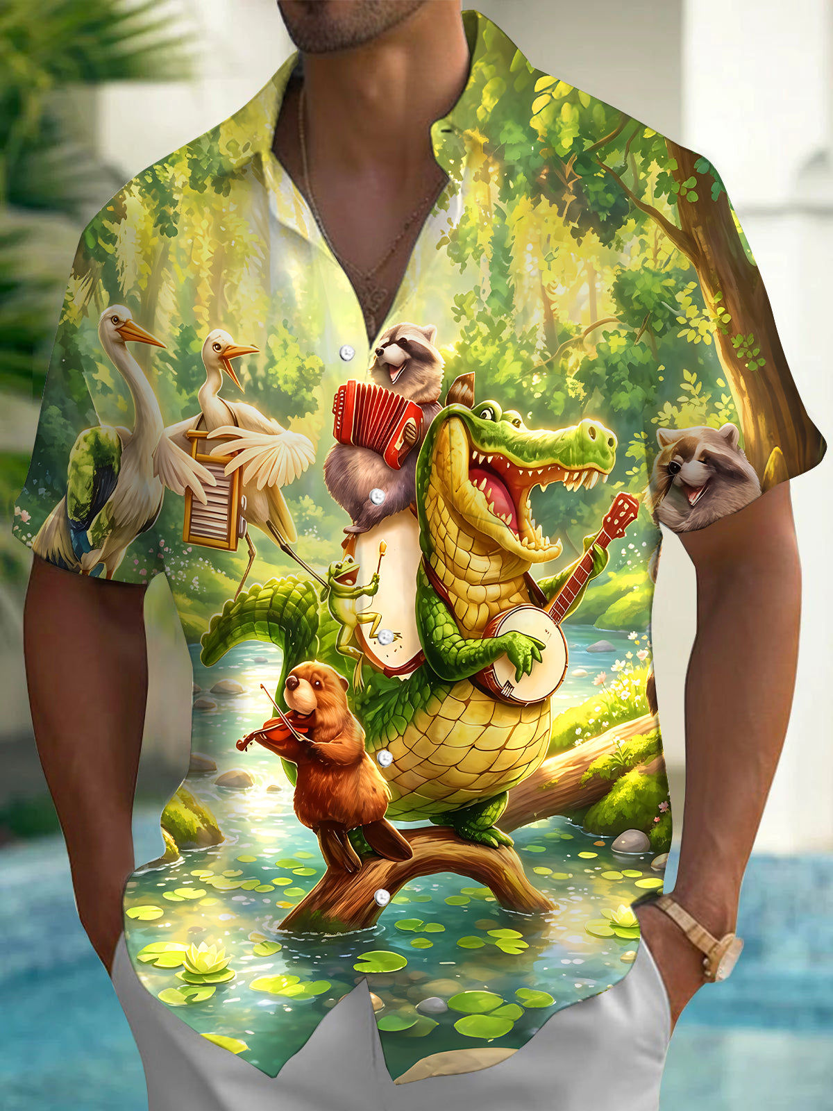 Adaychic Men's Hawaiian Musical Animals Print Short Sleeve Shirt with Chest Pocket