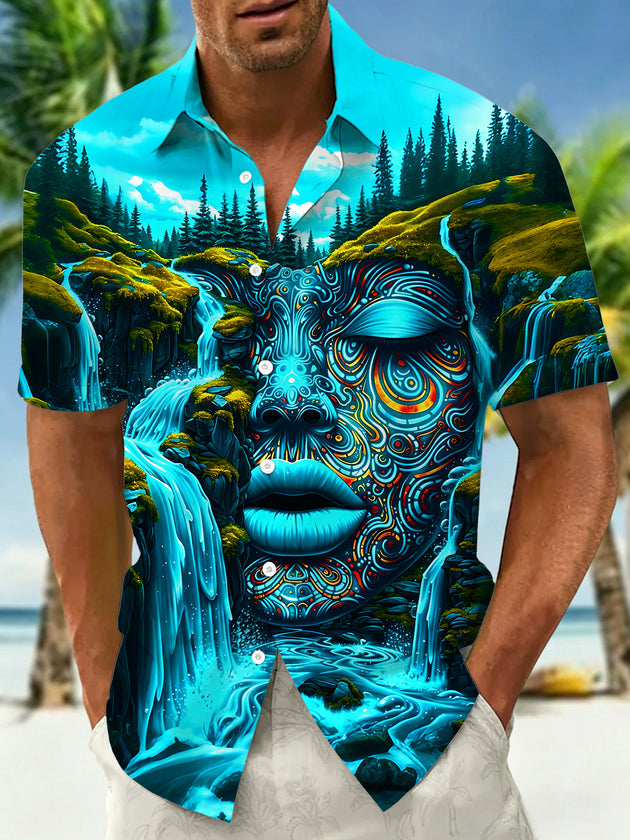 Art Tribal Waterfalls Mountains Face Men's Pocket Short Sleeve Shirts