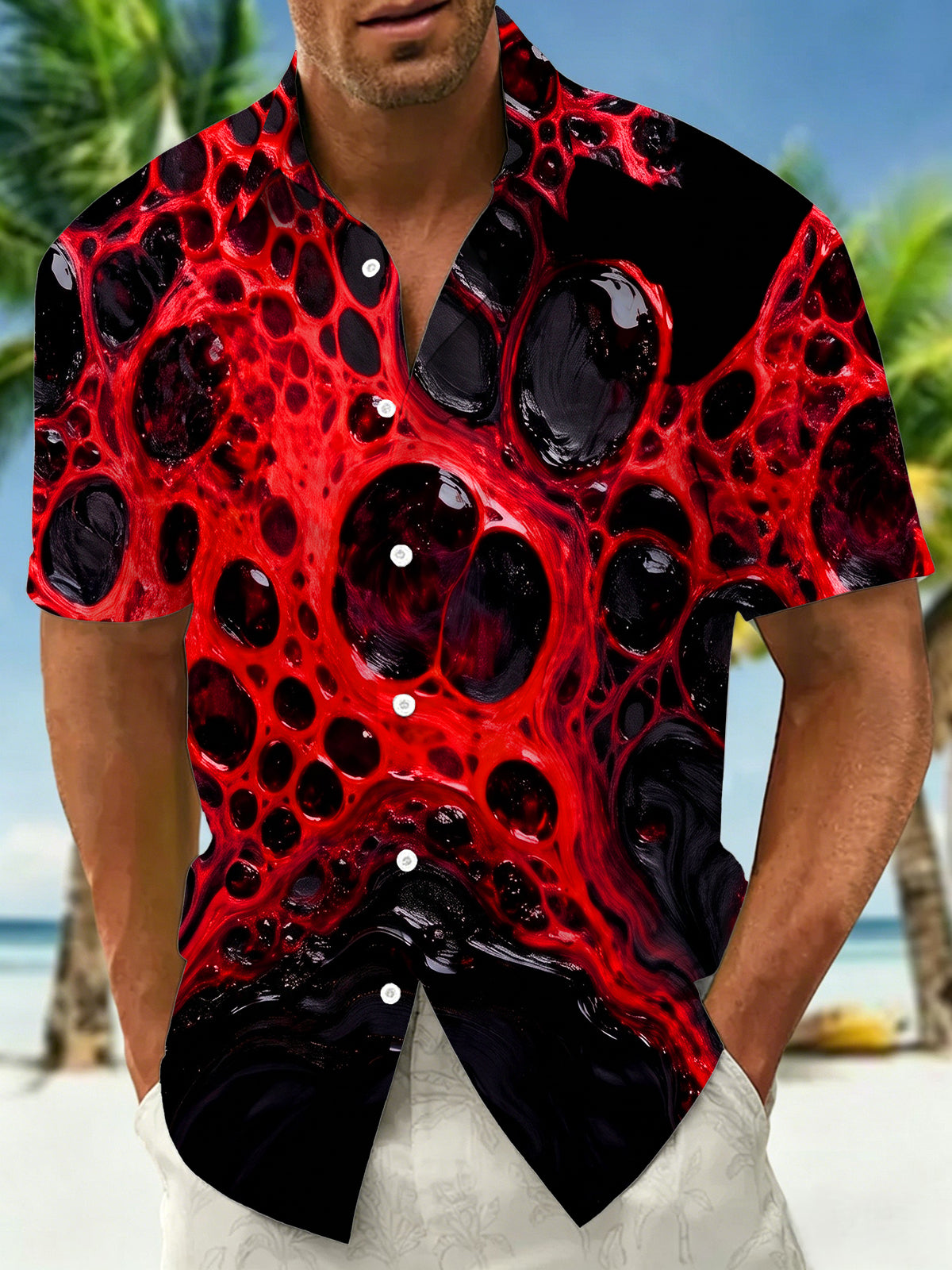 Adaychic Men's 3D Red Black Fluid Lava Pattern Short Sleeve Shirt with Chest Pocket