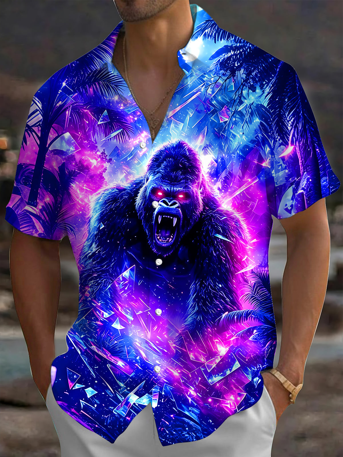 Adaychic Men's Hawaiian Neon Gorilla Print Short Sleeve Shirt with Chest Pocket