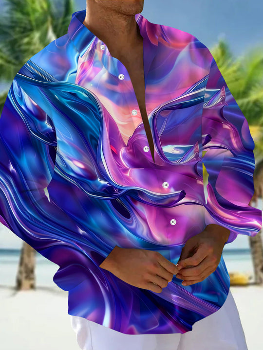 Adaychic Men's 3D Fluid Liquid Waves Print Long Sleeve Shirt with Chest Pocket