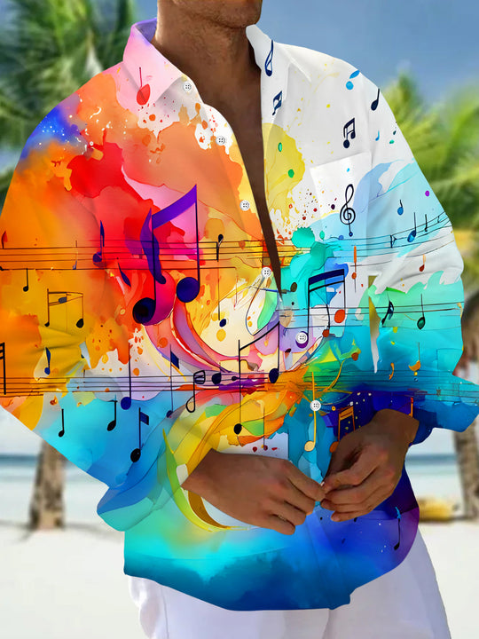 Art Colorful Tie Dye Watercolor Music Notes Men's Pocket Long Sleeve Shirts