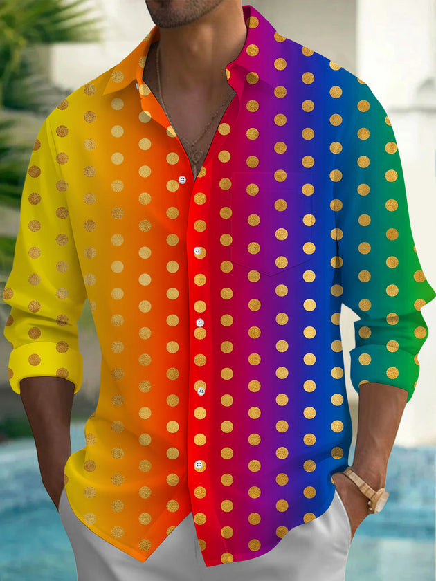 Colorful Gradient Gold Polka Dots Men's Pocket Long Sleeve Shirts