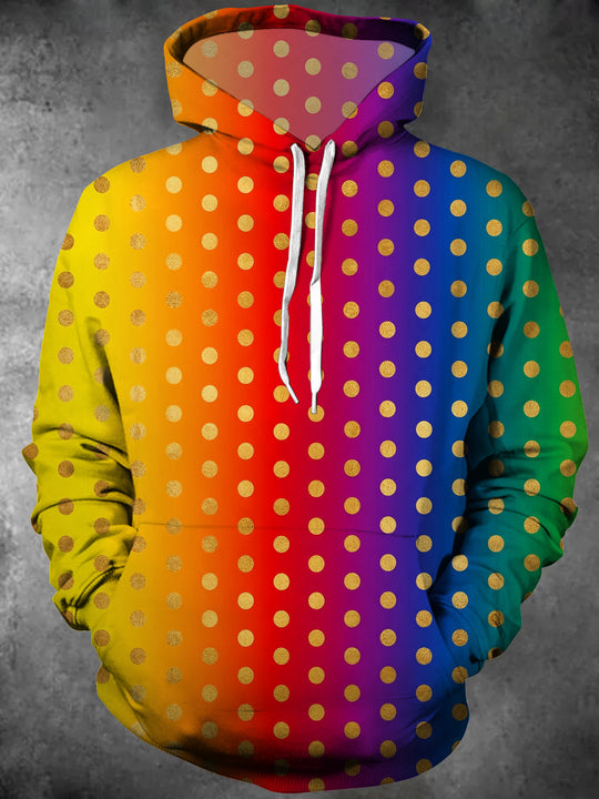 Colorful Gradient Gold Polka Dots Men's Long Sleeve Pocket Hooded Sweatshirt